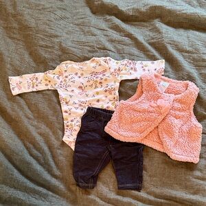 Pink Floral Bodysuit & Pink Sherpa Vest Matching Set with Navy Pants